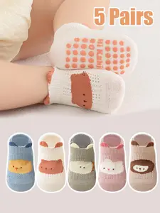 5 Pairs Kids Socks, Baby Toddler Non-Slip Indoor Floor Socks, Cartoon Animal Design, Unisex Children Anti-Skid Socks for Boys & Girls