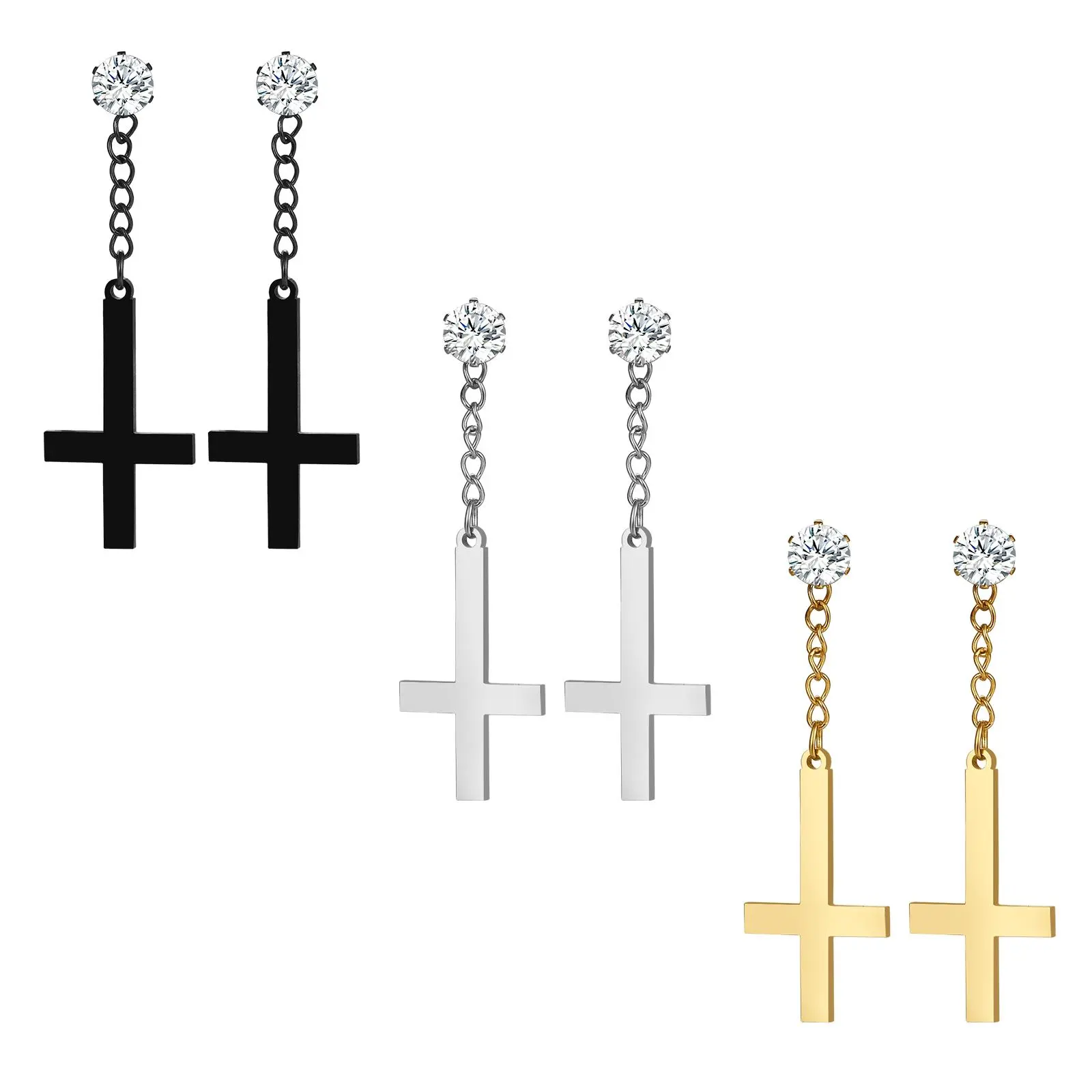 OIDEA Stainless Steel Inverted Cross Magnetic Earrings - No Piercing, Cubic Zirconia Studs, Cross Dangle, Back Clip, Rhinestone, Religious Graphic for Men, Cross Dangle Earring