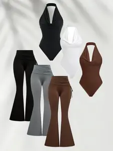 Elegant Fitted Bodycon Halter Neck Top, Casual Waist Cinching Jumpsuit, Pure Color Foldover Drawstring Leg Shaping Flared Wide-Leg Pants Set, Womenswear