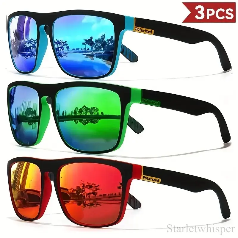 3-Pack Luxury Designer Vintage Square Polarized Cool Sunglasses for Men, UV400 Driving Eyewear, Off Road/Red-Tinted Reflective Sports Eyewear Ideal for Fishing, Off Road Sports Eyewear