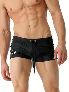 Men's Solid Color Graphic Drawstring Waist Sports Swim Trunks, Sporty Comfy Breathable Sports Swim Shorts for Summer, Men's Swimwear for Beach Swimming, Drawstring Swim Bottom
