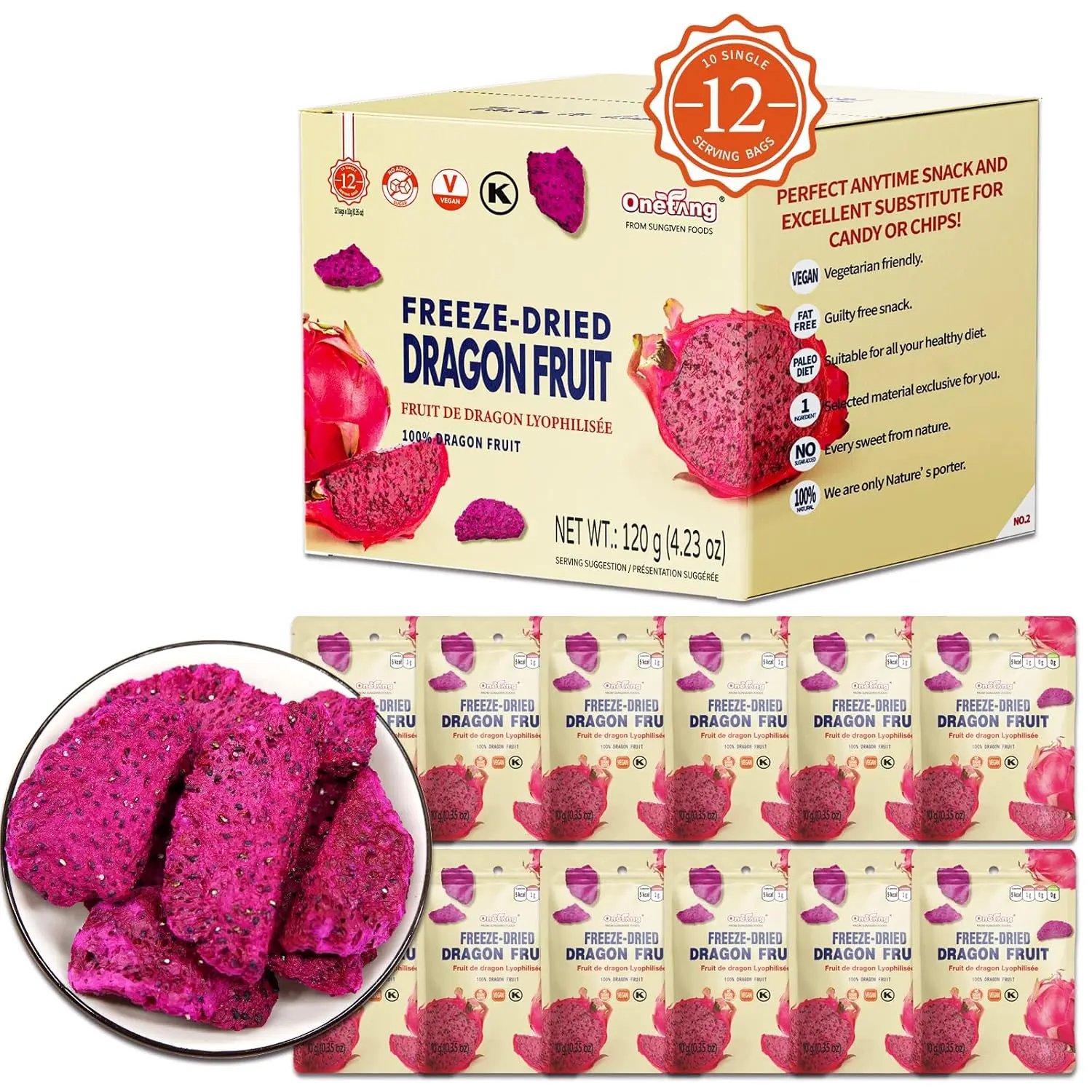 ONETANG Dried Dragon Fruit Chips (Pack of 12) for Drinks Refreshers, Healthy 1 Ingredient Superfood Snack, Crunchy Crisp, Dehydrated Dry Red Pitaya Pieces, Gluten Free Vegan 4.23 Oz