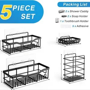 Shower Rack Set, 5 Counts/set Adhesive Shower Rack, Rust-proof Stainless Steel Bathroom Organizer, Large Capacity Bathroom Storage Rack, Room Accessories, Bathroom Accessory Set, Bathroom Sets Accessories