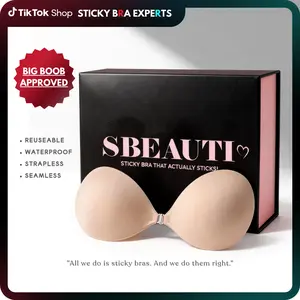 SBEAUTI #1 Push-up Sticky Bra, Sweat-proof Glue, Adhesive Push Up Cleavage Bra, Up to G Cup, Seamless Strapless Bra for Date Night, Backless & Red Dress, Waterproof & Reusable