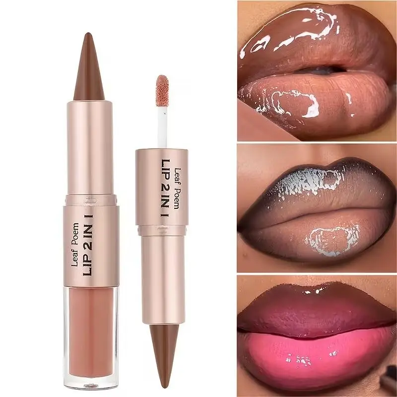 2-in-1 Lipstick and Lip Gloss - Matte finish, dual-ended design with mirror, plant-derived natural squalane, smooth application suitable for all light brown shades, available in eight colors, lip gloss suitable for all light brown shades, high-quality lip