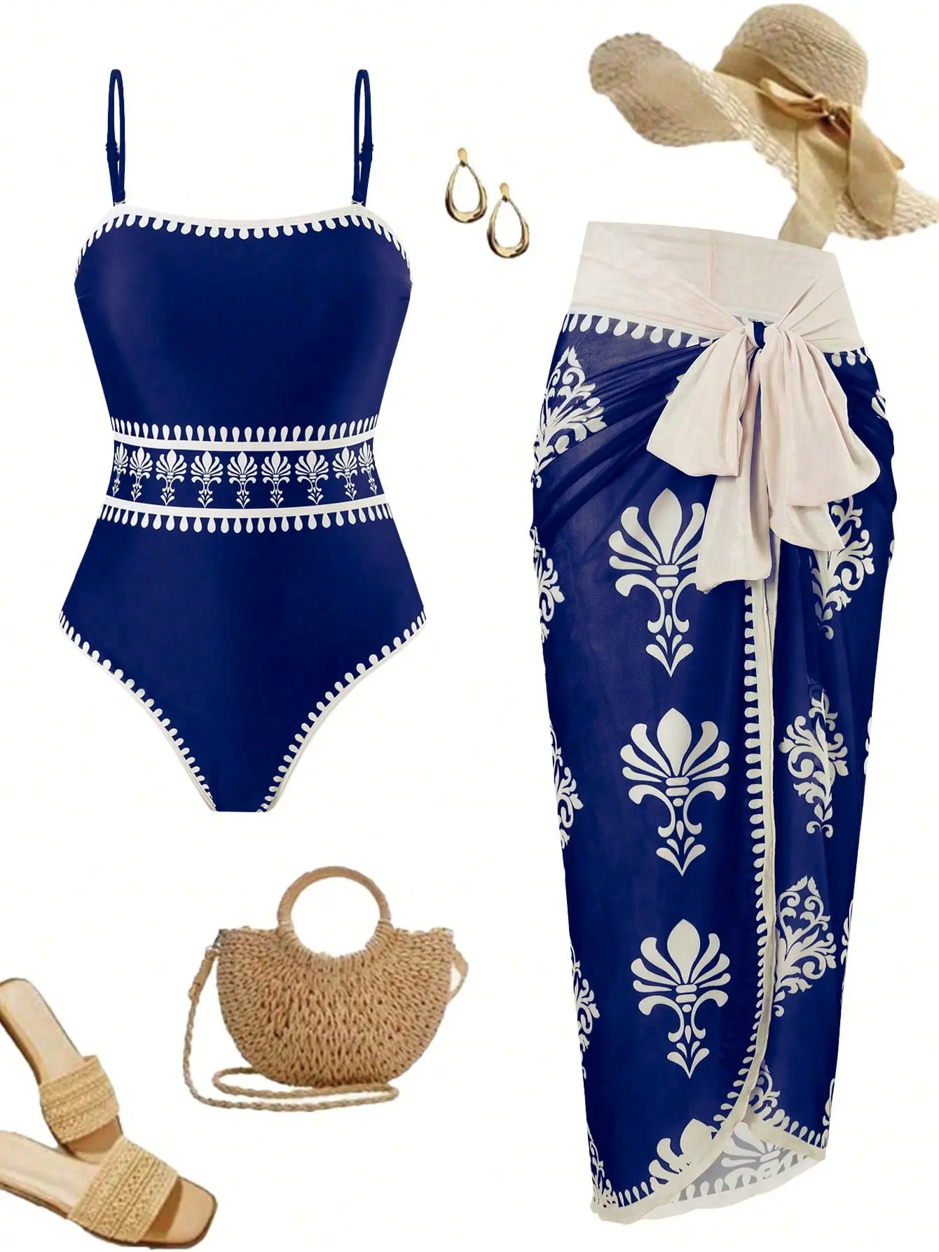 TikTok Navy One-Piece Swimsuit with Matching Sarong 2-Piece Suit for Resorts Beach Essential with Floral Pattern and White Trim