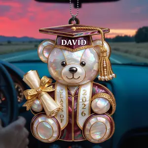RodyThread Class Of Graduation Bear Ornament Personalized Acrylic Ornament Gift For Students Cute Pearlescent Rearview Mirror Car Charm Aesthetic Maroon Gold Faux Stained Glass Keepsake With Custom Name And Year High School Senior Present tiktokshopspring