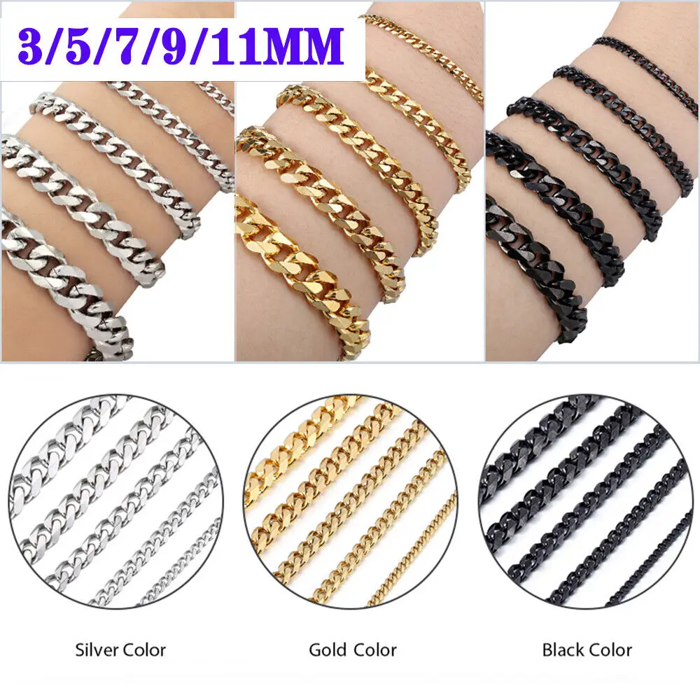 Silver/Gold/Black Color Stainless Steel Curb Cuban Chain Bracelet for Women Men Daily Jewelry Birthday Anniversary Gift