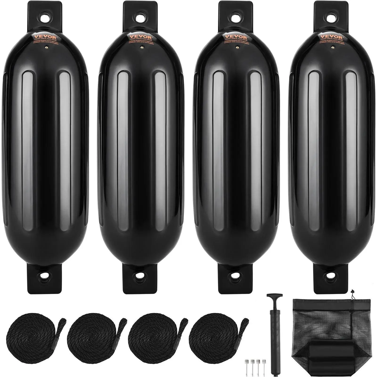 【Summerfinds】VEVOR Boat Fenders,  5.5" x 20" Boat Bumpers for Docking, Inflatable Ribbed Fender with Center Holes, Marine Boat Dock Fender Bumper with Air Pump, 4 Needles and 4 Ropes and Storage Bag, Black