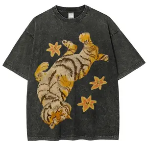 valentine shirts Couples Vintage Washed Print T Shirt Tiger Pattern Star Embellishment Round Neck Short Sleeve Oversized Loose Fit Hem Detail Artistic Graphic Design