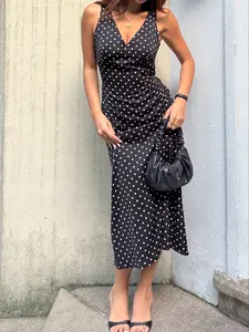 Women Polka Dot Wrap Midi Dress V Neck Sleeveless Spaghetti Strap Elegant Classy Flattering Slim Fit Summer Dress Vintage French Style Casual Wear Satin Dress for Party Date Vacation Outfits