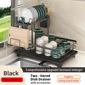 Double-layer metal dish rack, perfectly designed for kitchen countertops. Compact and space-saving with long-lasting durability, featuring a cutlery holder, cup rack, cutting board holder, and draining board. Keep your kitchen neat and organized.