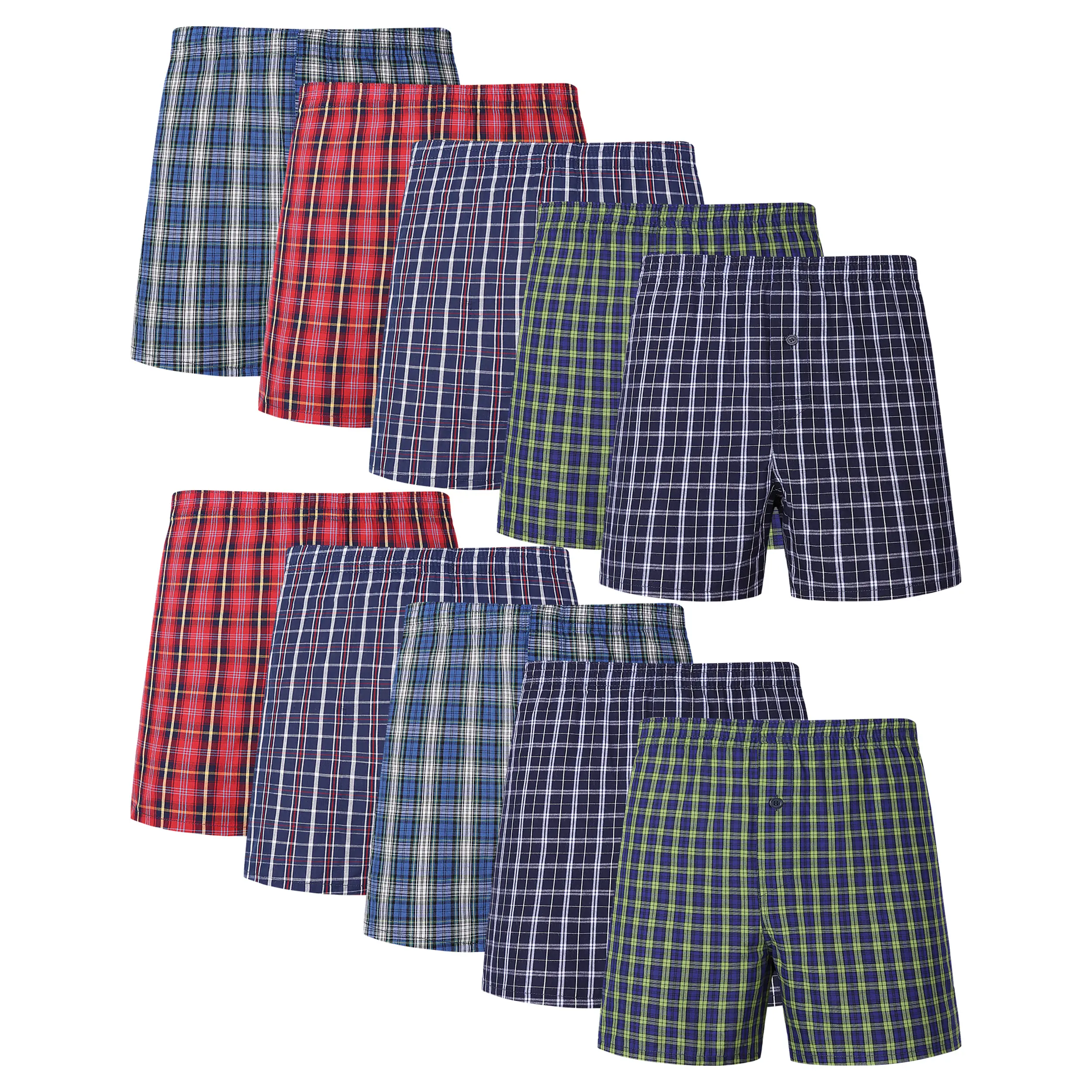 JupiterSecret 10-Pack Men's 100% Cotton Plaid Woven Boxer Shorts Underwear, Soft Breathable Fabric, Classic Elastic Waistband, Relaxed Fit, Assorted Colors