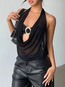 Women Black Sheer Halter Neck Cowl Top Backless Draped Chiffon Blouse Sleeveless Loose Fit Sexy Layering Y2K Streetwear Summer Going Out Party Club Chic Fitted Top Womenswear