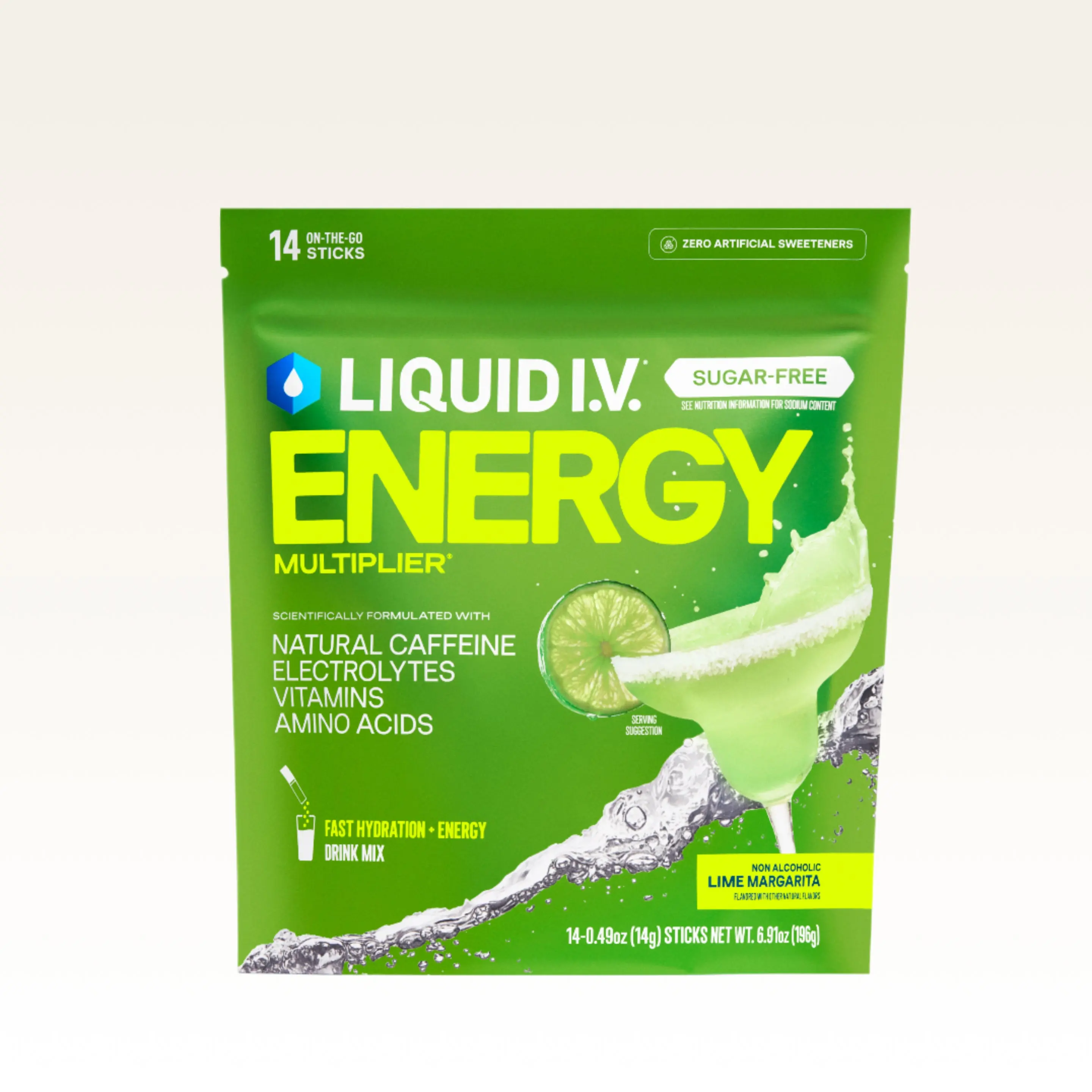 Liquid I.V. Sugar-Free Energy Multiplier - Lime Margarita - Hydration Powder Packets | Electrolyte Powder Drink Mix | Convenient Single-Serving Sticks | Includes Natural Caffeine | 1 Pack (14 Servings)​