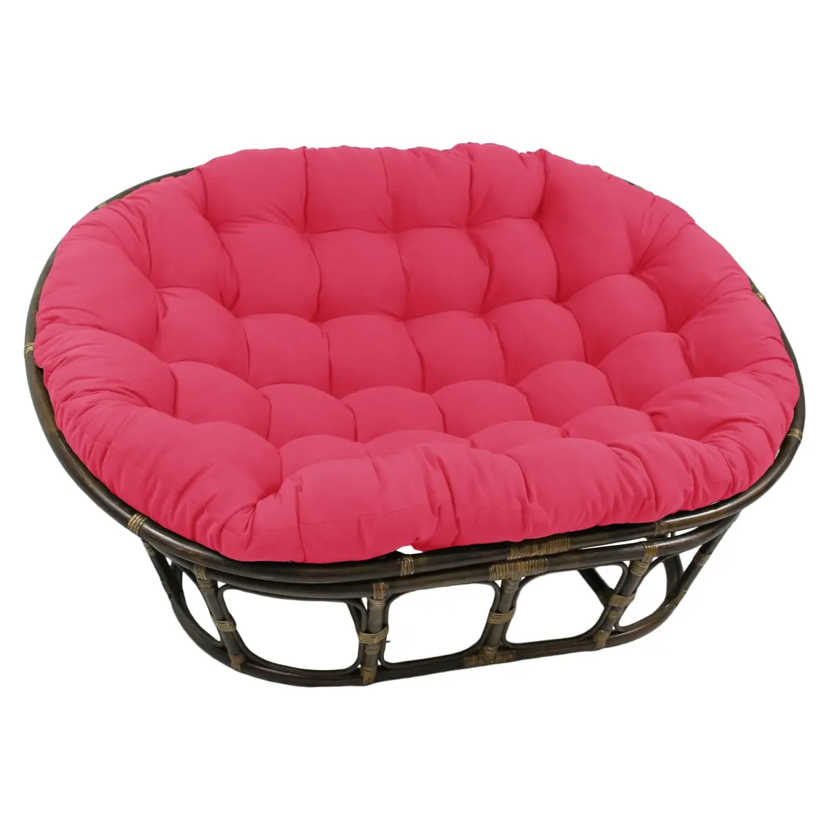 212 MAIN Outdoor Bohemian Rattan Frame Double-Seater Papasan Lounge Chair, 63x45 in. Tufted Twill Fabric Cushion, Berry Pink Outdoor Furniture