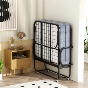 Folding Bed with Mattress, Twin Size Bed Frame, Portable Roll Away Bed with Memory Foam Mattress for Adults, Single Bed with 2 Armrests, 4 Wheels, Bed Side Pocket and Dust Cover