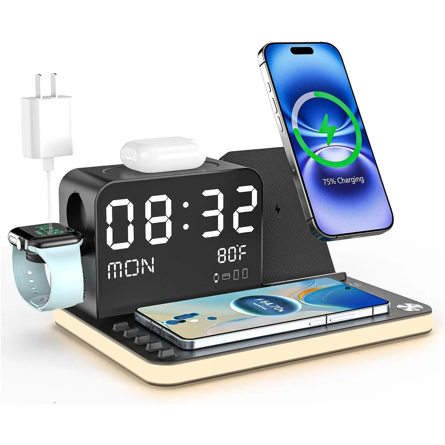 7-in-1 Wireless Charging Station with Adjustable Brightness Night Light, Compatible with iPhone 16/15/14/13/12 All Series, Android Phones, AirPods, and iWatch, Fast Charger with Time Display