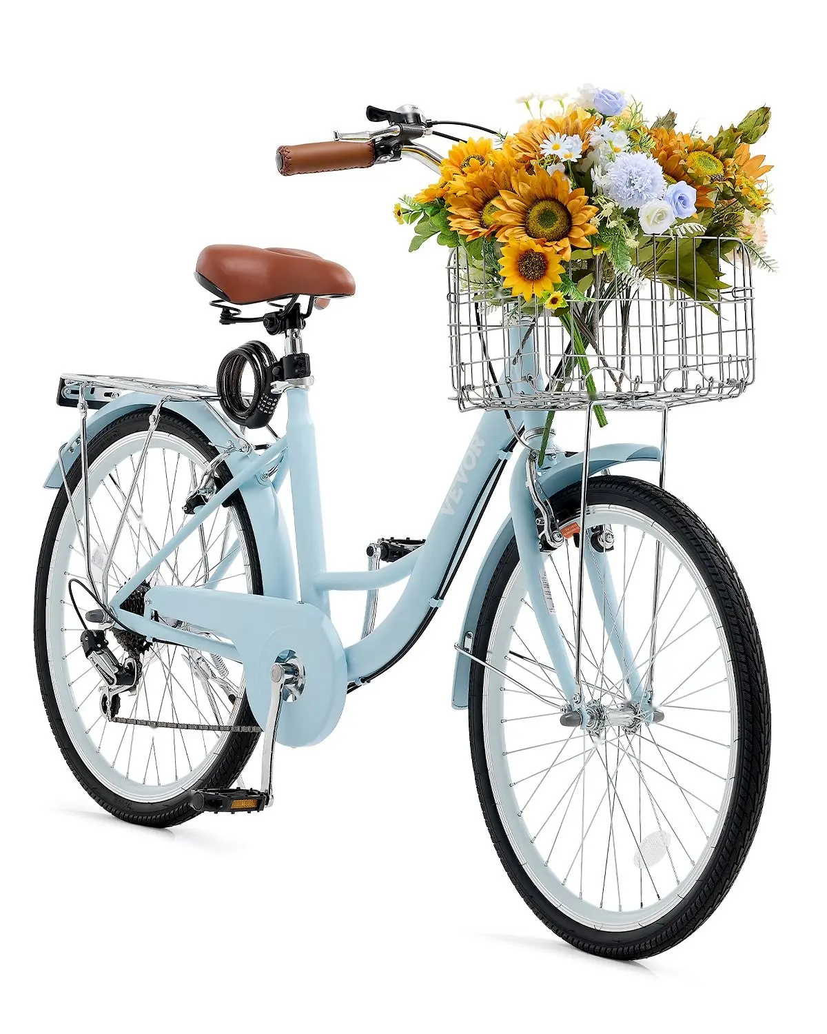 26-Inch Cruiser Bike With 7-Speed Gearing, Light Blue Beach Cruiser With Front Basket Comfortable Upright Riding, Soft Padded Saddle, Wide Riser Handlebars, Durable Steel Frame, Ideal For City, Beach, Leisure Riding, Easy Assembly