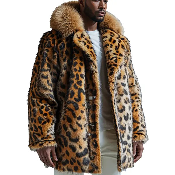 Men’s Luxury Leopard Print Furry Hood Jacket