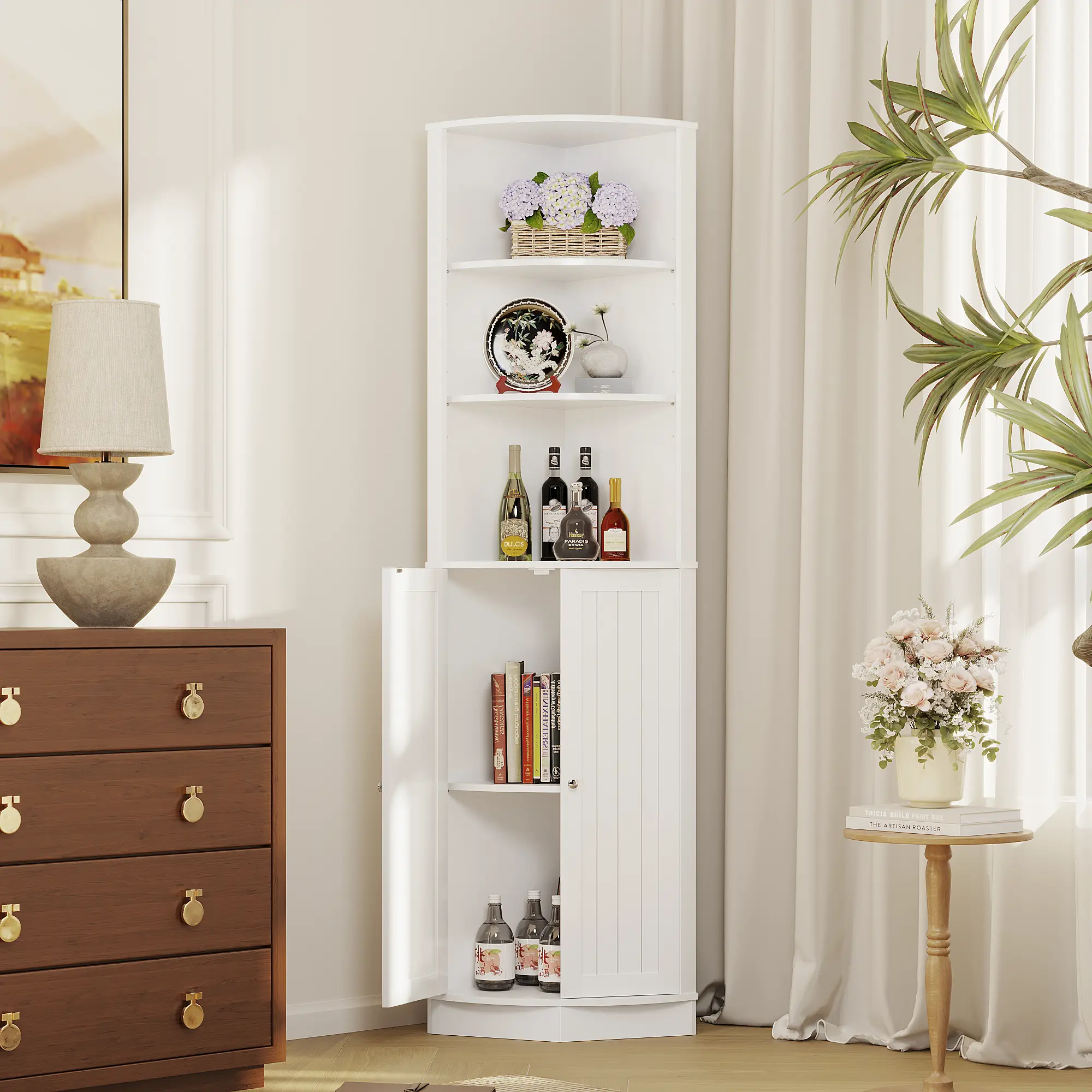 White 67" Tall Narrow Freestanding Corner Cabinet with 2 Doors, Adjustable Shelves, Storage Organizer for Bathroom, Kitchen, Living Room, Adjustable Organizer Living Room Furniture, Cabinet Living Room Furniture