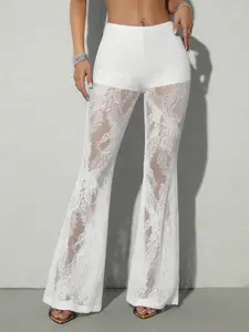 Women's Tight-Fitting Lace Sexy Bell Bottom Pants, Stylish High-Waisted Leggings for Casual Wear, Comfortable and Trendy Fashion, Casual Fitted Pants