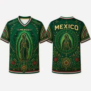 2026 Mexico Inspired Green V-Neck Sports Jersey for Men, Guadalupe Style Sacred Figure Graphic, Aztec Calendar Art, Floral Details, Short Sleeve Soccer Fan Shirt, Casual Futbol Game Day Tee