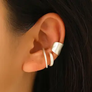 Silver Tone No-Piercing Ear Cuff Set, 3-Piece Minimalist Stack with Wide Cuff and Thin Bands, Matte Finish Cartilage Ear Cuffs for Modern Styling