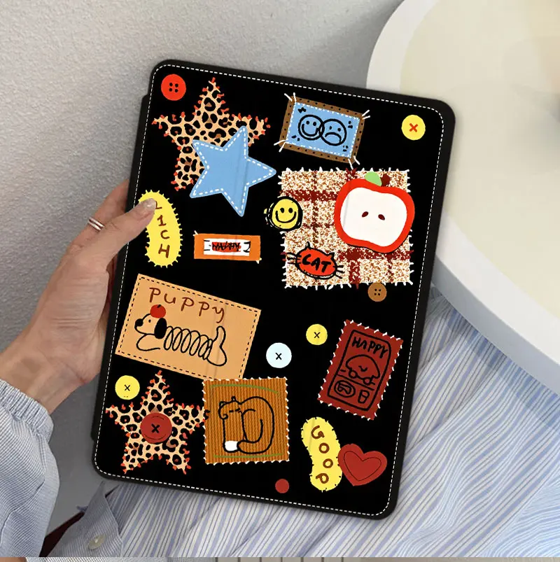 Sleek Smart Trifold Case Vintage Black Patchwork Style  Auto Wake/Sleep & Durable Protection【ER443】Fits for iPad Mini4/5/6/7, Air1/2/3/4/5/6/7, Gen5/6/7/8/9/10/11, Pro11"(2020-2025) & Pro Galaxy Tab S6 Lite, A9+, S7/S8/S9/S9FE/S10FE, S7+/S8+/S9+/S10