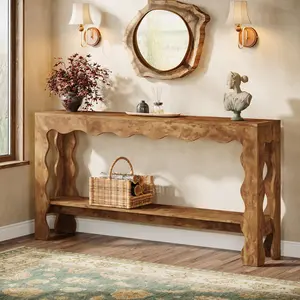 Tribesigns 63" Modern Rustic Entryway Table with Scalloped Edge & Storage Shelf for Living Room