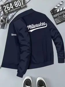 Milwaukee City Print Zipper Jacket, Casual Fashionable Jacket, Casual Drop Shoulder Long Sleeve Coat, Zip Up Coats, Men's Daily Wear, Fitted Graphic Letter Pattern