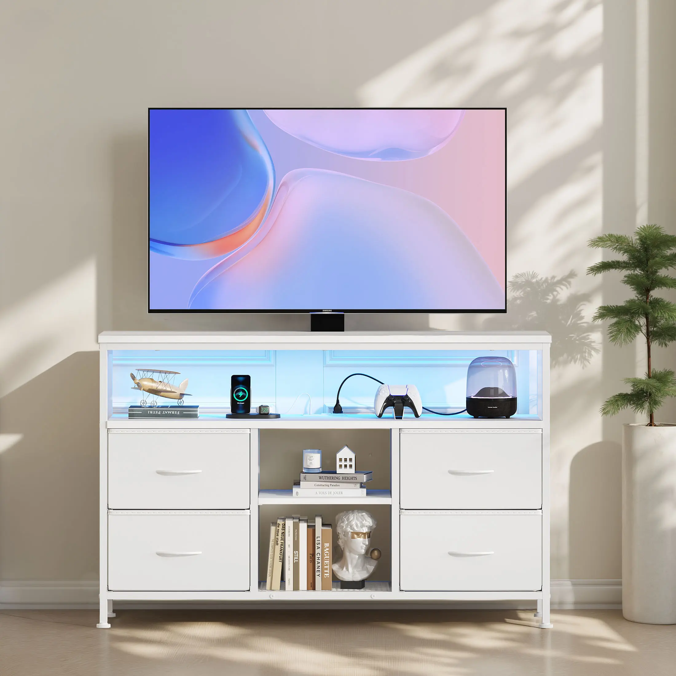 TV Stand with LED Lights & Power Outlets, 4-Drawer Media Console with Open Shelf & Adjustable Ft, Entertainment Cabinet for 43-50 Inch TVs in Bedroom & Living Room
