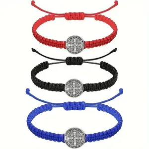 Catholic Saint Medal Adjustable Black-Red String Bracelets, 2-Pack Adjustable Bangle, Mensfashion Religious Faith Wear Jewelry, Sports Wristbands for Women, Religious Gifts