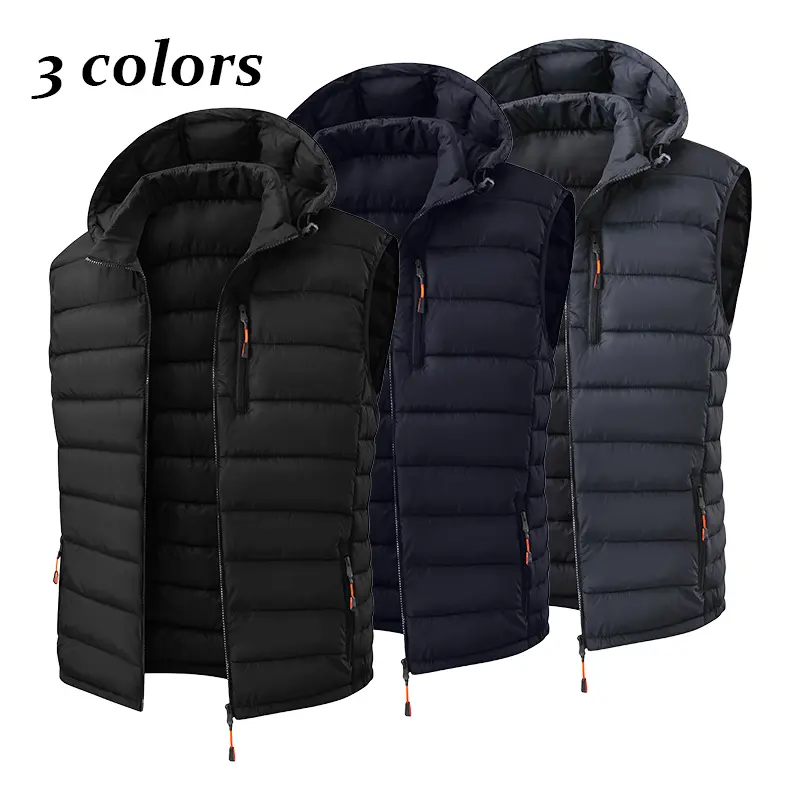 Multiple Packs Available, Men Hooded Padded Vest Sleeveless Quilted Gilet, Zip Pockets Lightweight Warm Casual Outerwear, 3 Colors Optional