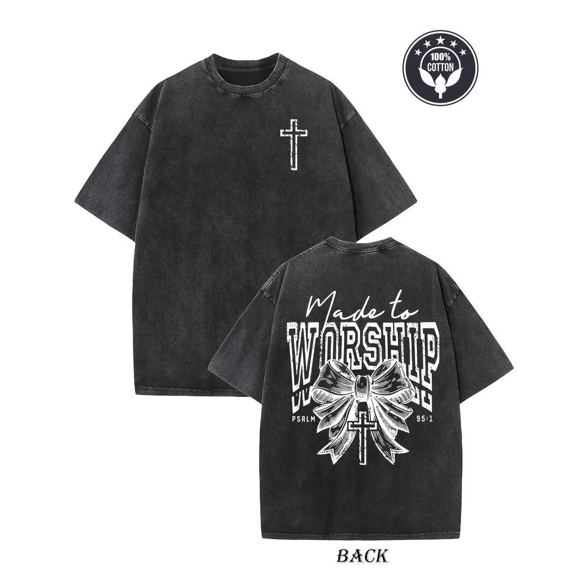 [Winter Outfits]Vintage Made to Worship PSALM 95:1 Double-Sided Print T-Shirt - Heavyweight 230g Pure Cotton, Loose Hip-Hop Streetwear Unisex Top with Cross & Bow Design, Breathable & Sweat-Absorbent for Casual Casual Attire, Relaxed Fit, Retro Design