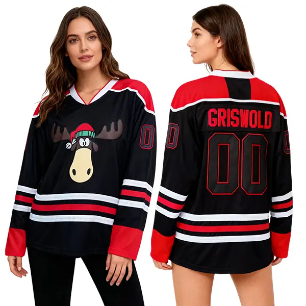 Unisex Griswold #00 Christmas Moose Embroidered V-Neck Long Sleeve Polyester Jersey, Moisture-Wick, Relaxed Loose Fit, Breathable, Comfortable, Mesh-Infused Streetwear Sports Outerwear, S-3XL Plus Sizes, Cold Wash Compatible Tops