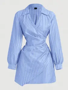 Blue Striped Print Cross Pleated Long Sleeve Dress, Elegant Fit Dress, Professional Women's Clothing, Thanksgiving Shirt, Christmas Gown, Beach, Elegant Classy Flattering, Elegant Fashion Dress