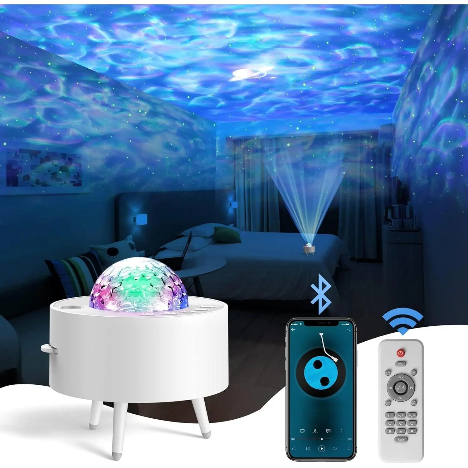 Wave Projector - Water Light Projector for Bedroom,  Room Decor -  Galaxy Night Light with Speaker - Starry Light with 9 , , Water Wave Effect