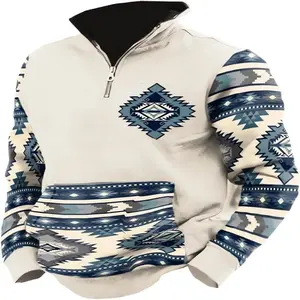 Western Sweatshirts for Men White Cowboy Aztec 1/4 Zipper Sweatshirt Mens Casual Vintage Graphic Cowboy Pullover Sweatshirts Long Sleeves Sweaters
