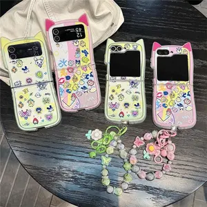 Kawaii Cartoon Animal Phone Case For Samsung Galaxy Z Flip 7 6 5 4 3 Flip6 Flip5 Cover with Chain Shockproof Cute Cases Funda