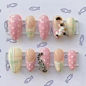 PASTEL KITTEN | 3D Kawaii Cat Press On Nails | Pink Polka Dot & Mint Plaid Fake Nails | Soft Girl Cottagecore Aesthetic | Custom Handmade Almond Set 2026
