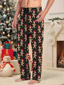 Men's Christmas Cookie Man Pattern Print Casual Sleepwear, Fall & Winter Fitted Pajamas, Comfortable Loungewear for Holiday Season