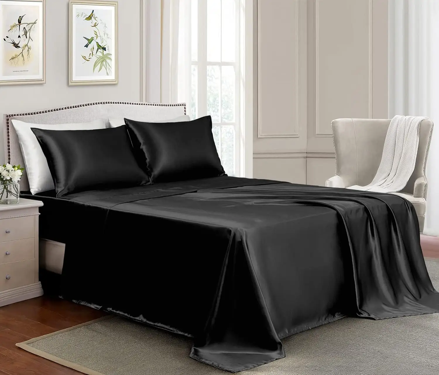 Mushk Satin Sheets All Size - 4 Pieces Luxury Silky Soft Bed Sheets, Wrinkle-Free Satin Silk Sheet Set with 1 Deep Pocket Fitted Sheet, 1 Flat Sheet,