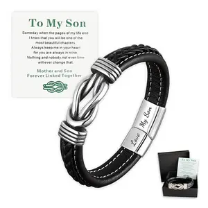 To My Son Infinity Knot Bracelet, Forever Linked Together Leather & Stainless Steel Engraved Jewelry from Mom for Birthday Christmas