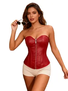 Overbust Corset Bustier with Zipper, Elegant Sculpture Shaping Underwear Dress with Adjustable Back Tie, Strapless Plaid Design for Halloween & Costume Parties, Spring
