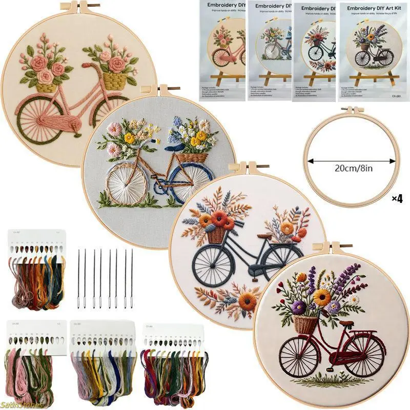Flower Bicycle Motif Cross Stitch Embroidery Kit - 4-Pcs Beginner-Friendly Hobbies Kit Adults, Clothes Accessories, Hand-Stitched Materials with English Guide, Home Decor Art Supplies for Handkerchiefs (CX-280)