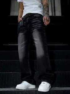 Men's Washed Loose Straight Leg Denim Jeans, Plain, Y2K Casual Streetwear, All Seasons, Moderate Fit, Perfect Gift for Husband or Boyfriend