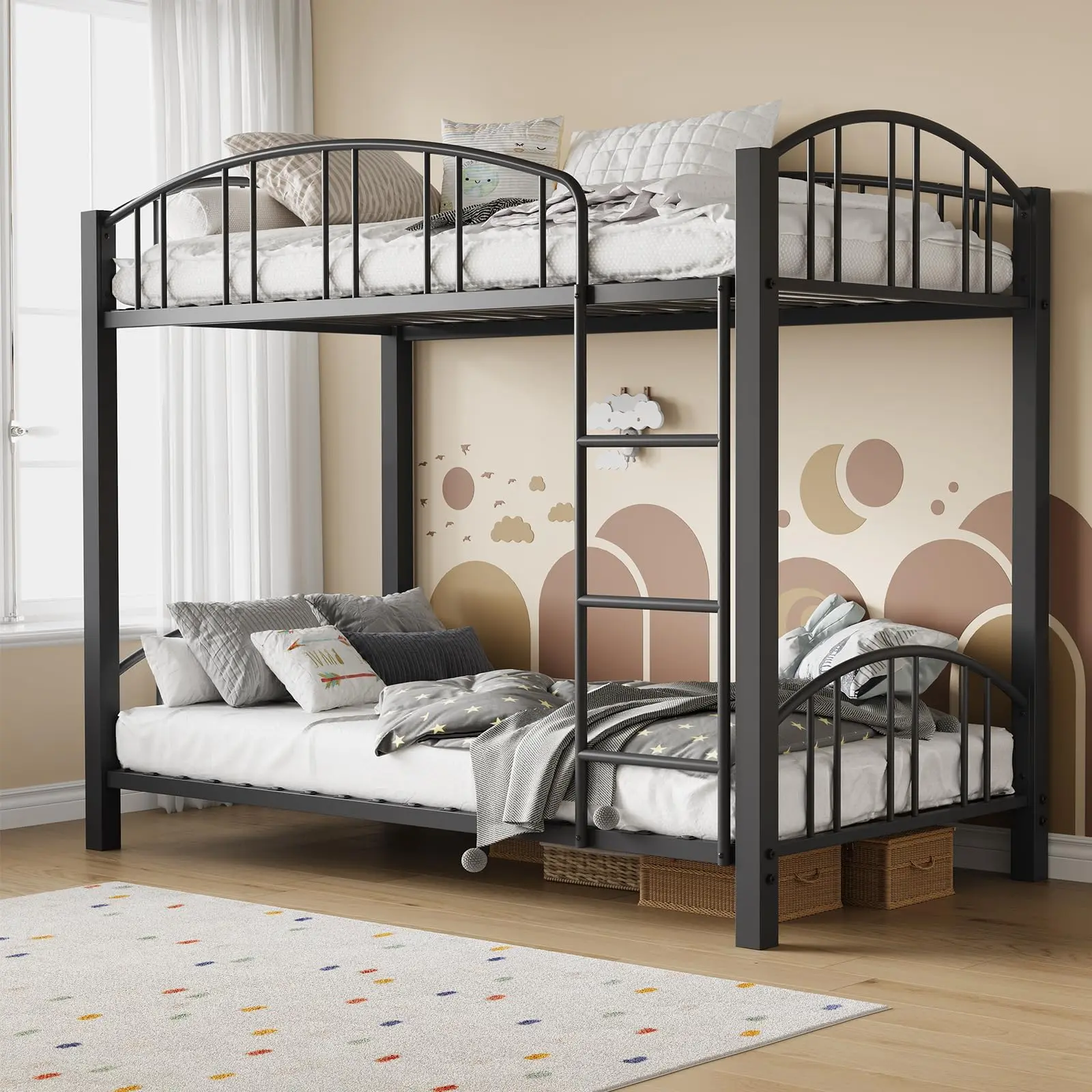 Garvee and Garvee Twin Bunk Beds with Heavy Duty Metal Frames, Arched Guardrails, Safety Ladders, Sturdy Metal Slat Support, Space-Saving Design, Noise-Free, No Box Spring Needed, Perfect for Small Spaces