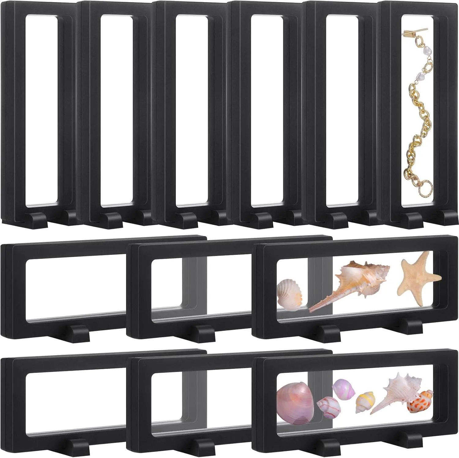 12Pcs Transparent Plastic Floating Display Boxes with Black Square Base (9.1x3.5x0.8"), Clips & Smooth Closure - Collector-Friendly Frame for AA Medals, Challenge Coins, Stamps - Multiple Home Improvement Wall/Desk Decor for Collectors, Cards
