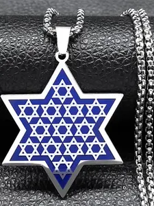 Jewish Hexagram Hebrew Necklace Stainless Steel Blue Color Star of David Shield Israel Chain Necklaces colar
